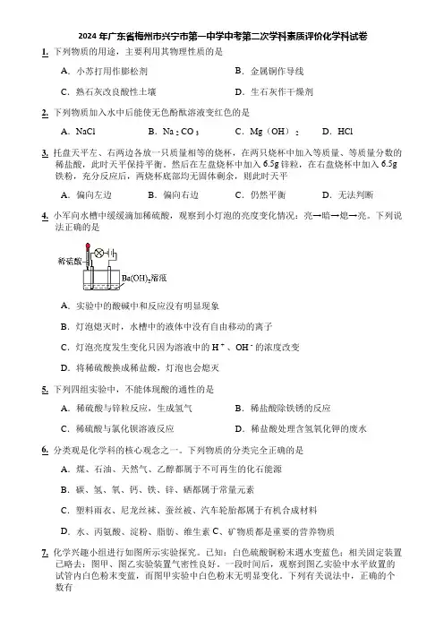 2024年广东省梅州市兴宁市第一中学中考第二次学科素质评价化学科试卷