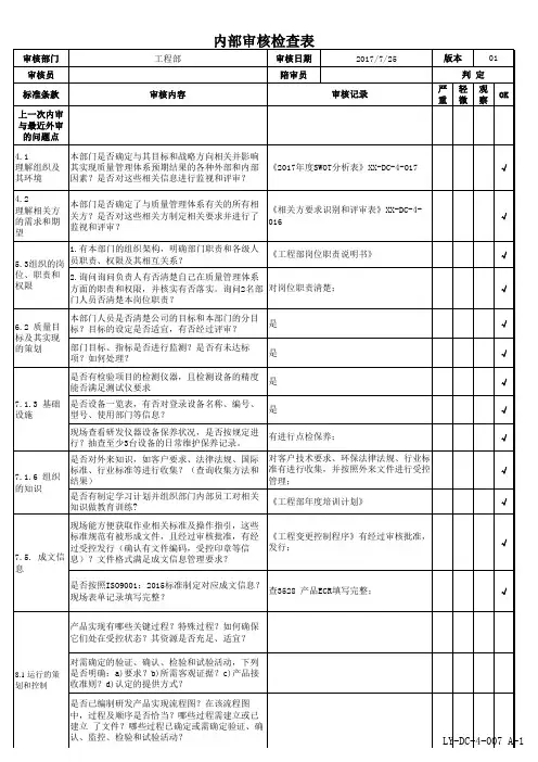 工程部内部审核检查表