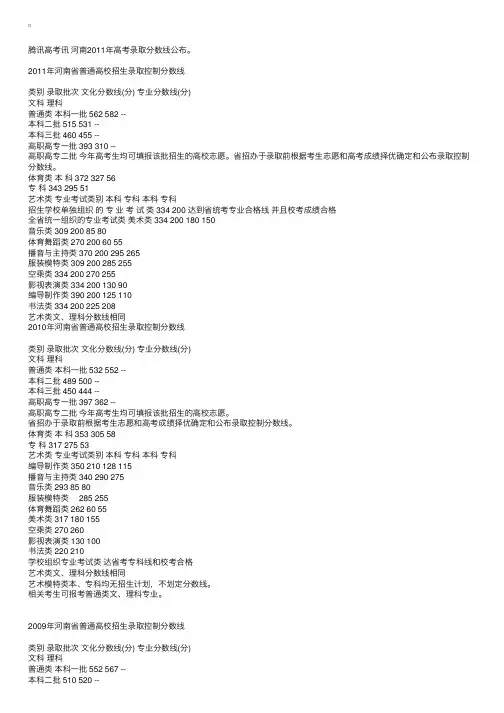 河南2011年高考录取分数线公布