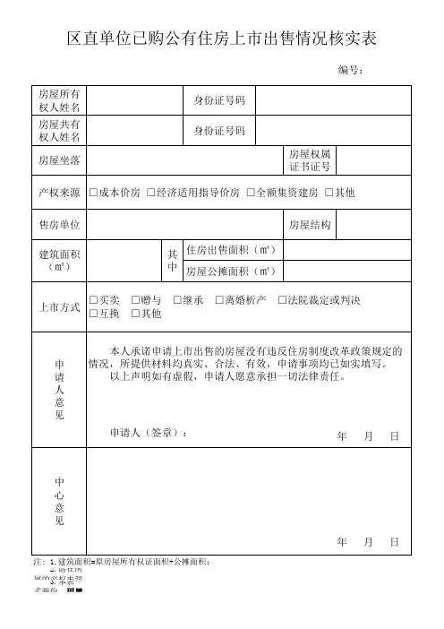 区直单位已购公有住房上市出售情况核实表