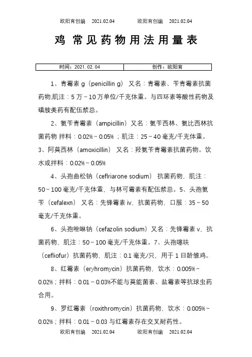 鸡常见药物用法用量表之欧阳育创编