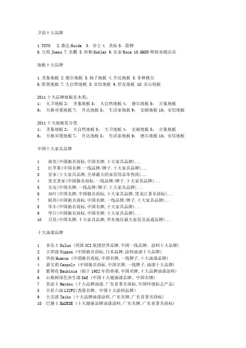 2011中国卫浴十大品牌 家具十大品牌 地板十大品牌 油漆十大品牌 瓷砖十大品牌