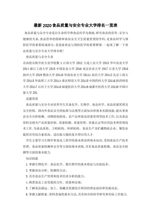 最新2020食品质量与安全专业大学排名一览表