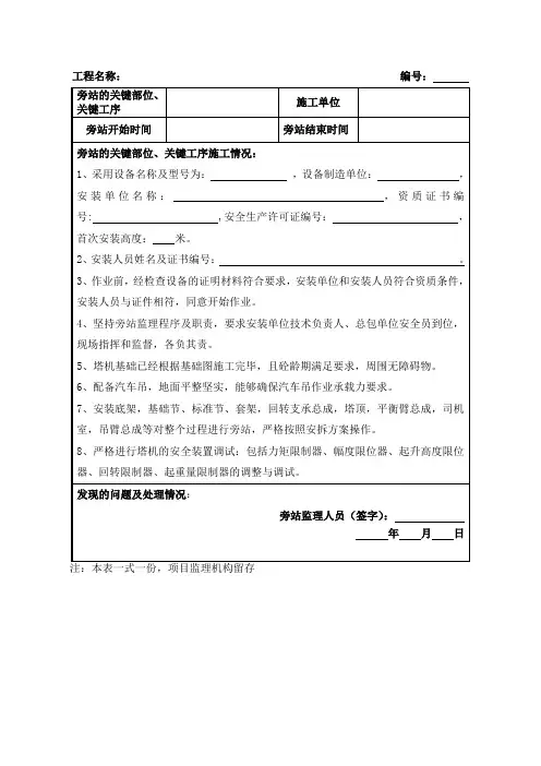塔吊安装监理旁站记录(最新版)