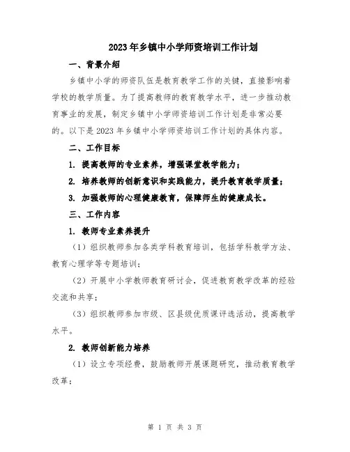 2023年乡镇中小学师资培训工作计划