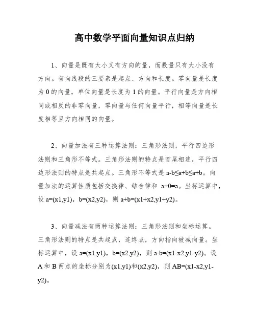 高中数学平面向量知识点归纳