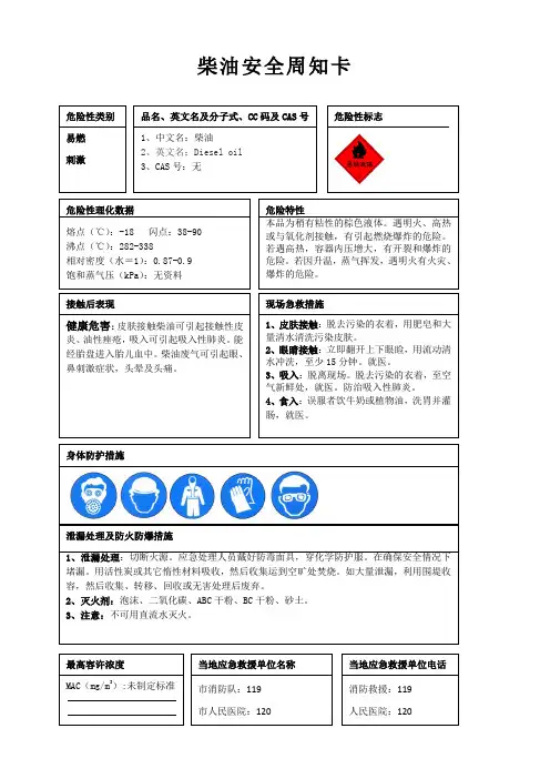 柴油安全周知卡和职业危害告知卡