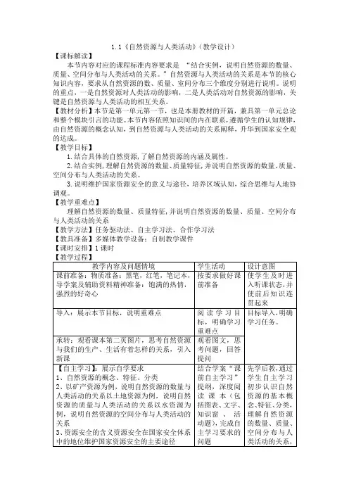 1-1自然资源与人类活动(教学设计)—高中地理湘教版(2019)选择性必修3