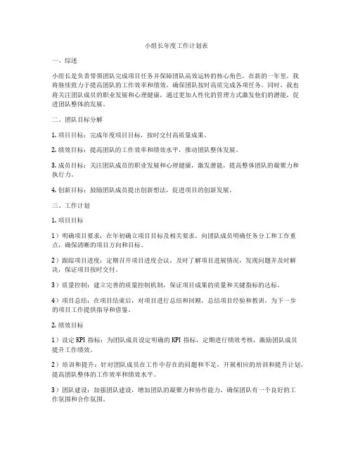 小组长年度工作计划表