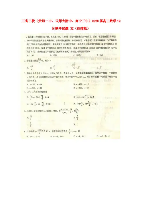 三省三校(贵阳一中、云师大附中、南宁三中)2020届高三数学12月联考试题 文(扫描版)
