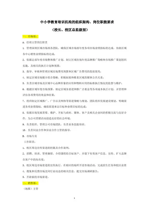 教育培训机构的组织架构、岗位职能要求