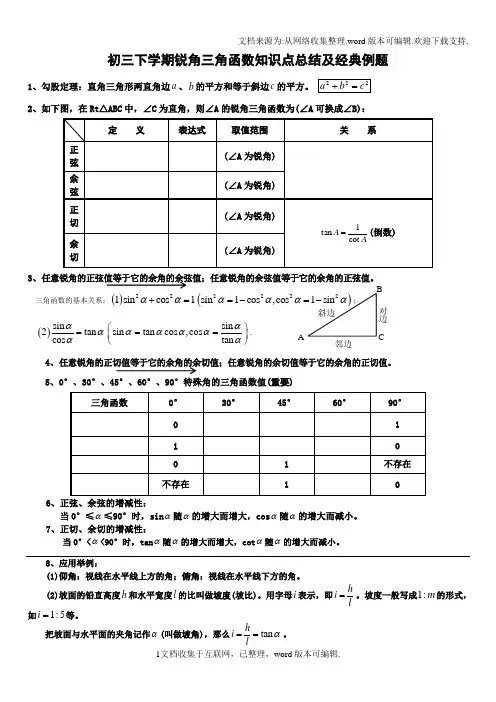 初三下学期锐角三角函数知识点总结及经典例题20202011
