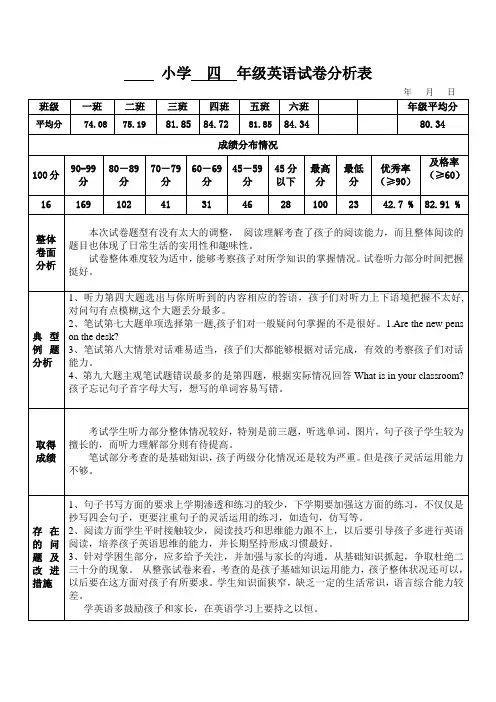 小学四年级上学期英语试卷分析