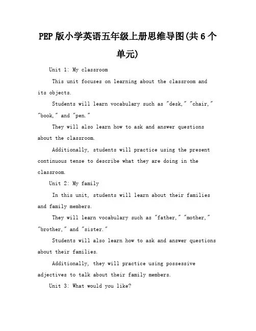 PEP版小学英语五年级上册思维导图(共6个单元)