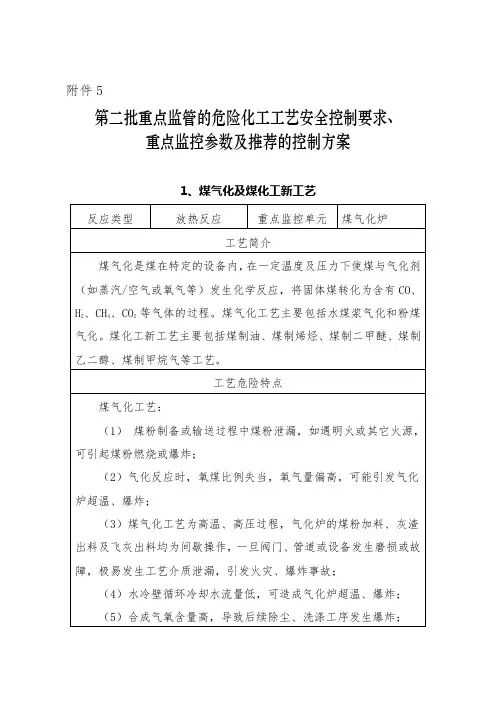 第二批重点监管的危险化工工艺安全控制要求、重点监控参数及推荐的控制方案