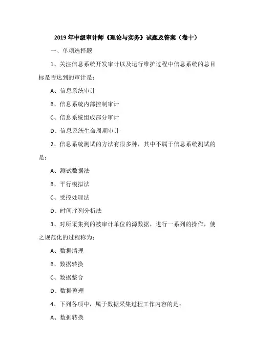 2019年中级审计师《理论与实务》试题及答案(卷十)