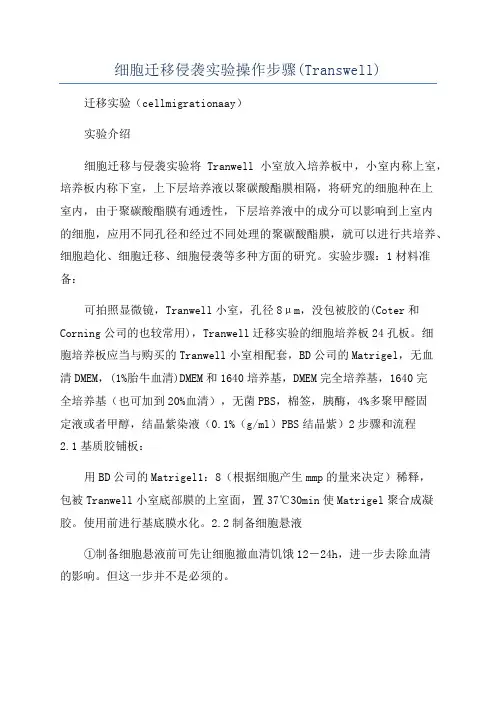 细胞迁移侵袭实验操作步骤(Transwell)