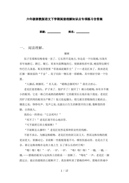 六年级浙教版语文下学期阅读理解知识点专项练习含答案