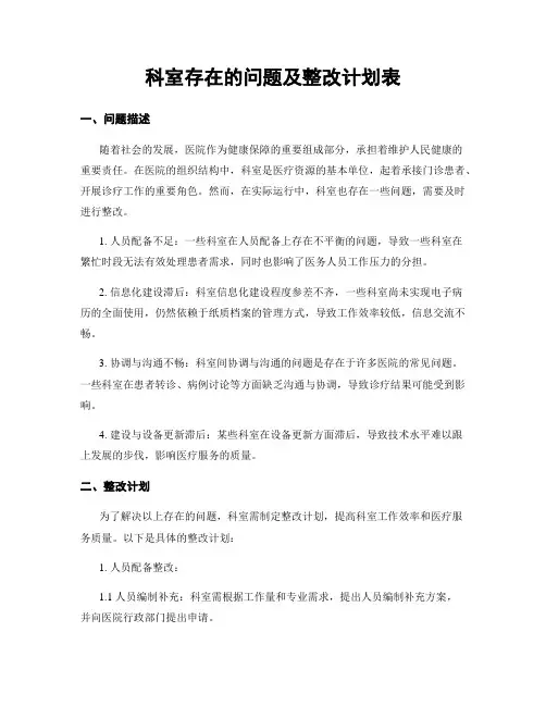 科室存在的问题及整改计划表