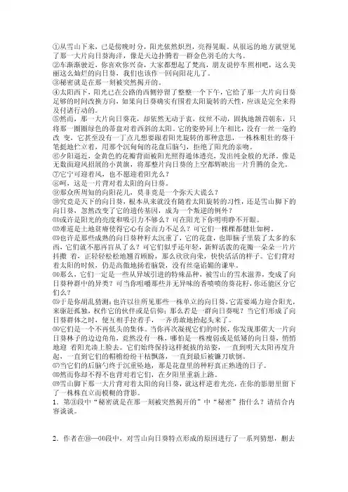 天山向日葵阅读答案