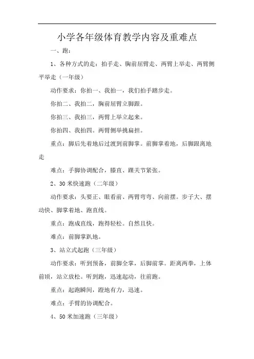 小学各年级体育教学内容及重难点