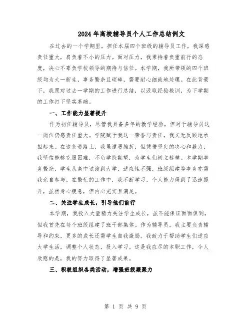 2024年高校辅导员个人工作总结例文（六篇）