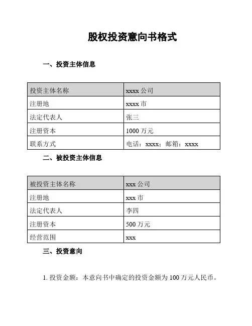股权投资意向书格式
