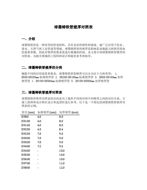球墨铸铁管壁厚对照表