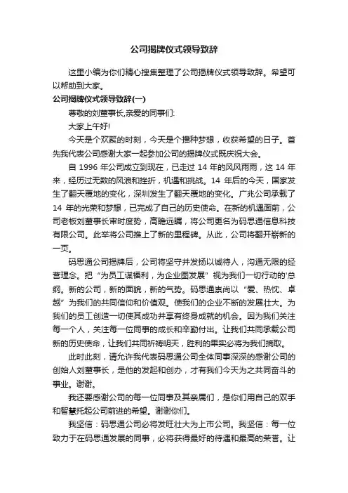 公司揭牌仪式领导致辞