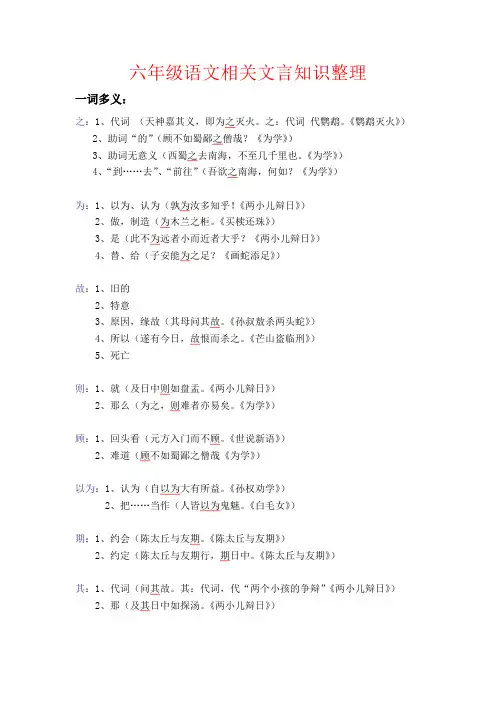 【强烈推荐】六年级语文相关文言知识整理