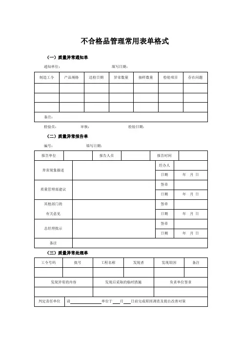 不合格品管理常用表单格式