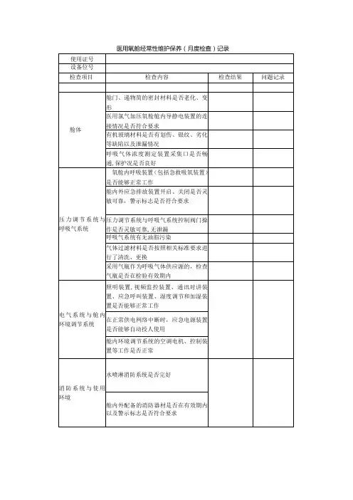医用氧舱经常性维护保养(月度检查)记录