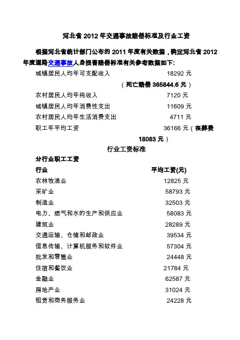 河北省交通事故赔偿标准及行业工资