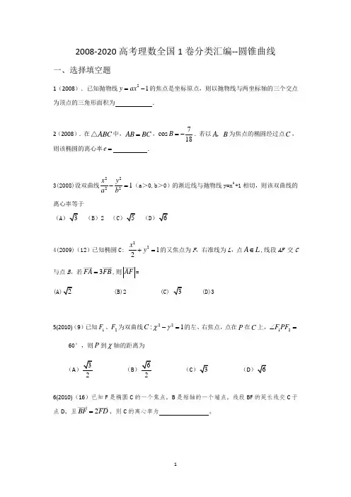 2008-2020高考理数全国1卷分类汇编--圆锥曲线