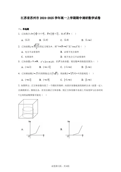 江苏省苏州市2024-2025学年高一上学期期中调研数学试卷