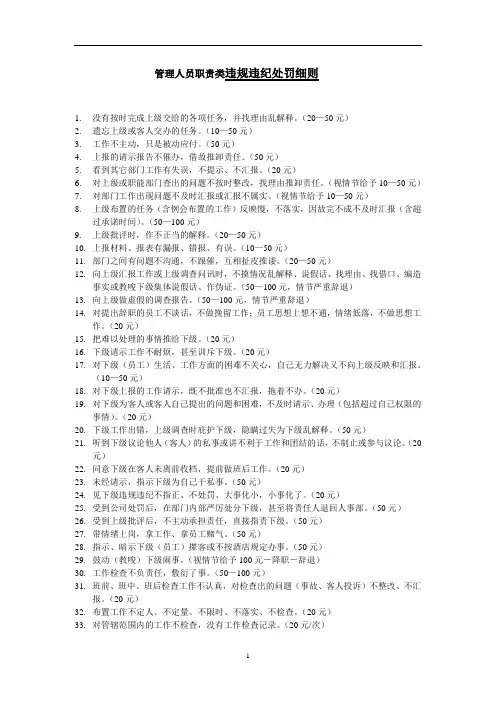 管理人员职责类违规违纪处罚细则餐饮娱乐有限公司