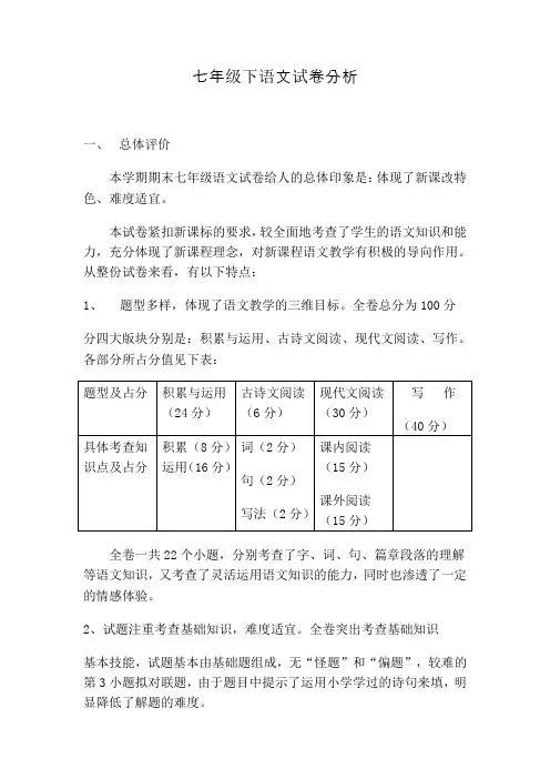 七年级下语文试卷分析