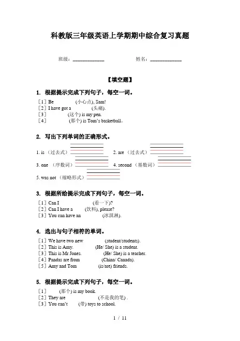科教版三年级英语上学期期中综合复习真题