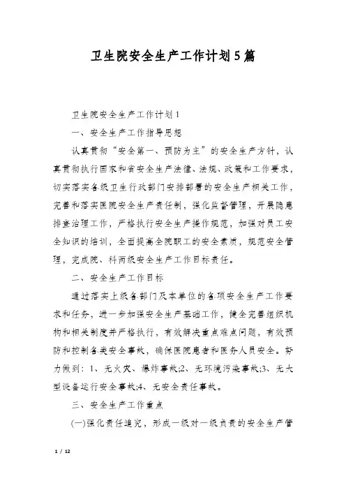 卫生院安全生产工作计划5篇