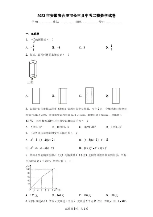 2023年安徽省合肥市长丰县中考二模数学试卷(含答案解析)