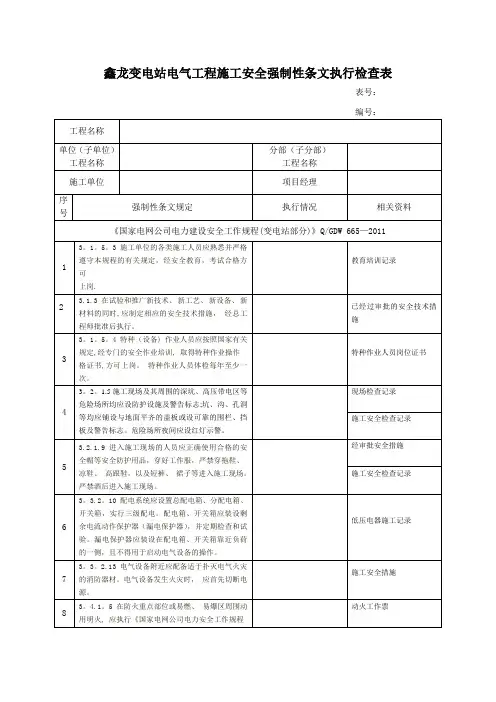 变电站电气工程施工安全强制性条文执行检查表