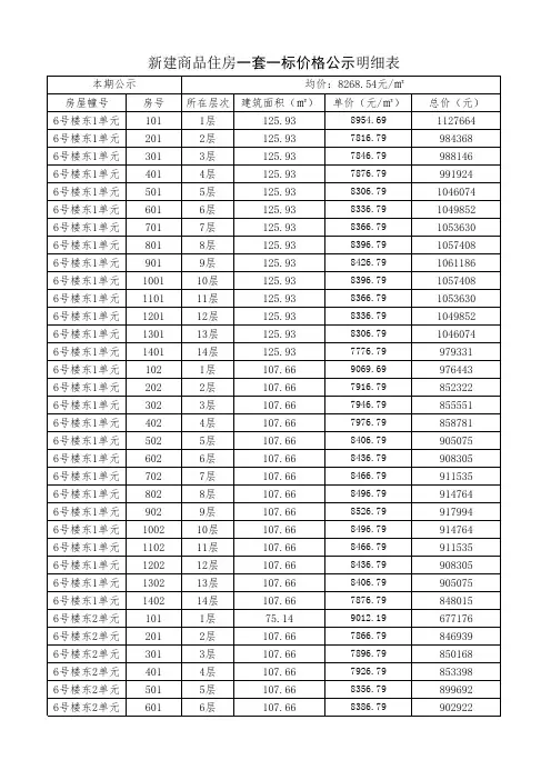 新建商品住房一套一标价格公示明细表