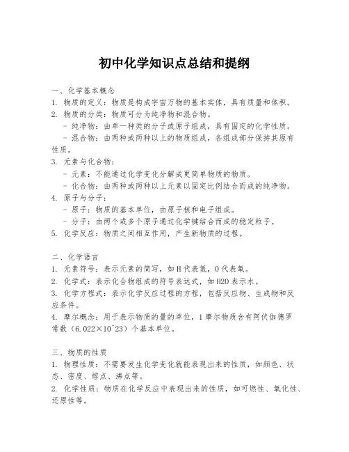 初中化学知识点总结和提纲
