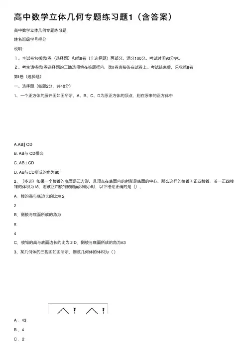 高中数学立体几何专题练习题1（含答案）