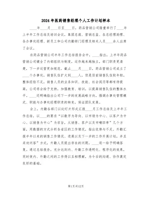 2024年医药销售经理个人工作计划样本（4篇）