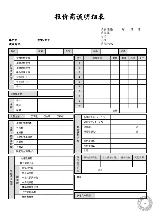 4S店新车销售报价商谈明细表