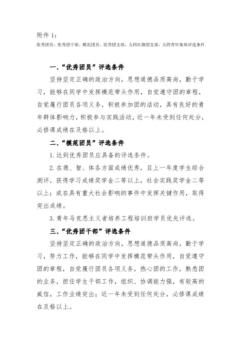 优秀团员、优秀团干部、模范团员、优秀团支部、五四红旗团支部、五四青年集体评选条件