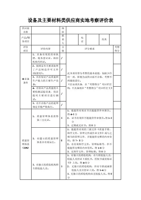 设备及主要材料类供应商实地考察评价表模板
