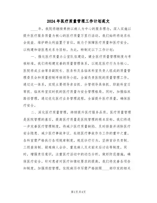 2024年医疗质量管理工作计划范文（二篇）