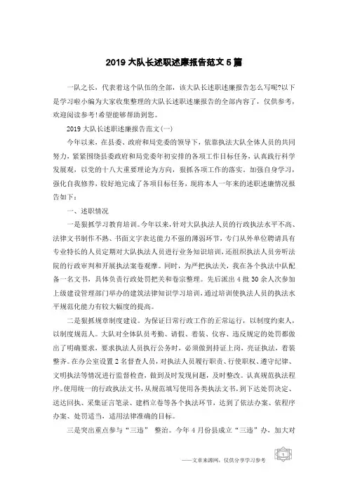 2019大队长述职述廉报告范文5篇